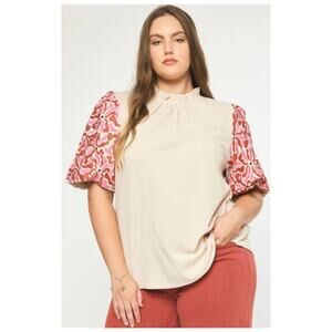 EUC Entro Embroidered Puff Statement Sleeve Top Sz L Tan Ruffle Neck Keyhole